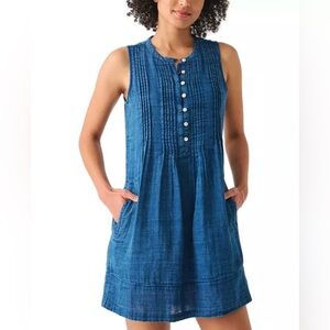 Faherty Isha Linen Shirt Dress XS Indigo Lagenlook Beachy Minimalist Boho Dress